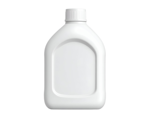 White blank plastic bottle with ribbed screw cap isolated on black background. Unlabeled packaging container mockup for cleaning product, detergent, automotive liquid, or chemical solution.