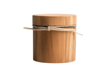 Wooden storage jar with lid and rope detail, isolated on white background.