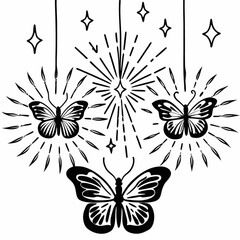 Fototapeta premium Minimilist three butterflies hanging with stars and radiating lines in a black and white drawing style image vector
