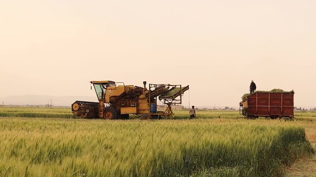 Aleppo, Syria, 07.07.2025, farmers harvest freekeh&mdash;roasted green wheat&mdash;using old machinery. A rare cultural moment, ideal for education, documentaries, or heritage content.