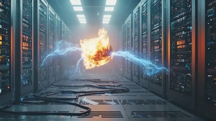 Server room with a fiery sphere emitting electric arcs. Metallic racks line the corridor - Powered by Adobe