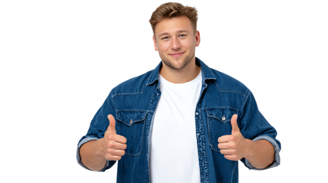 Young man smiling and giving thumbs up, expressing positivity and confidence, white isolated background.