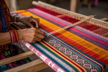 Skilled hands weaving colorful threads on loom, vibrant textile craftsmanship, cultural heritage tradition, handmade artistry, and authentic weaving lifestyle inspiration