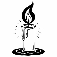 Minimilist illustration of a burning candle with dripping wax and a small pool of wax at the base depicted in black vector
