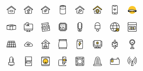 Modern technology icons illustrating smart home devices, connectivity, energy, and digital innovation for futuristic concepts