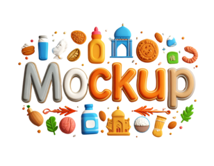 3D Soft Clay MOCKUP Word Art with Diverse Food and Cultural Elements on Black Background