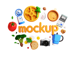 3D Rendered Mockup Text Surrounded by Colorful Food and Lifestyle Objects