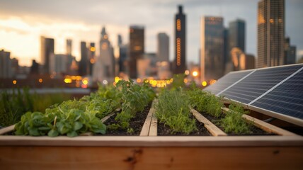 Innovative rooftop farm featuring solar panels and fresh crops overlooking a bustling cityscape