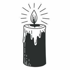 Minimilist illustration of a burning candle with melting wax and radiating light lines on a white background design vector