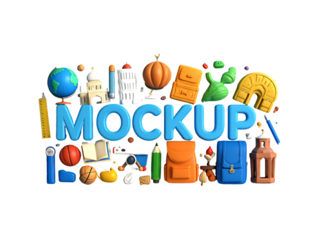 3D MOCKUP Text Surrounded by Playful Educational and Creative Objects