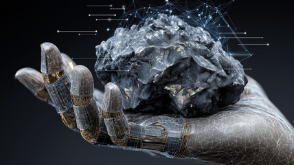 Robotic hand holds piece of raw mineral ore, symbolizing intersection of technology and natural resources. digital network overlay suggests data analysis in mining