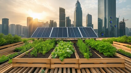 Fototapeta premium Innovative urban farming with solar energy on a rooftop in a bustling cityscape