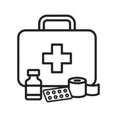 First aid kit line icon with medical supplies. Vector graphic of emergency healthcare equipment including bandage, medicine bottle, and pills.

