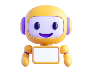 Friendly 3D Cartoon Robot Character Holding Blank White Sign for Text or Ad Message