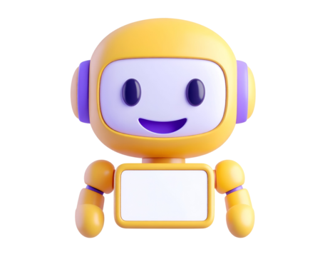 Friendly 3D Cartoon Robot Character Holding Blank White Sign for Text or Ad Message