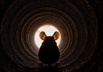 A lone mouse silhouetted against a bright circle of light at the end of a textured dark tunnel