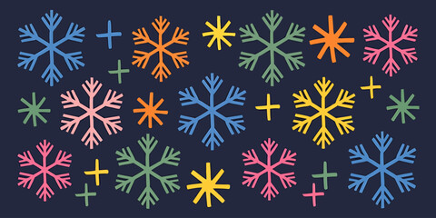 Colorful Snowflakes Pattern on Dark Background - Winter Holiday Graphic Illustration