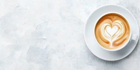 Cappuccino with heart-shaped foam art on textured white background