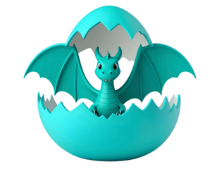 Cute Baby Dragon Hatching From Turquoise Egg. Smiling Green Fantasy Creature, 3D Render.