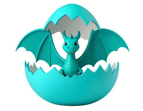 Cute Baby Dragon Hatching From Turquoise Egg. Smiling Green Fantasy Creature, 3D Render.
