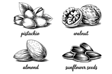 Hand-drawn illustrations of various nuts and seeds, including pistachios, walnuts, almonds, and sunflower seeds, perfect for healthy eating and culinary themes.