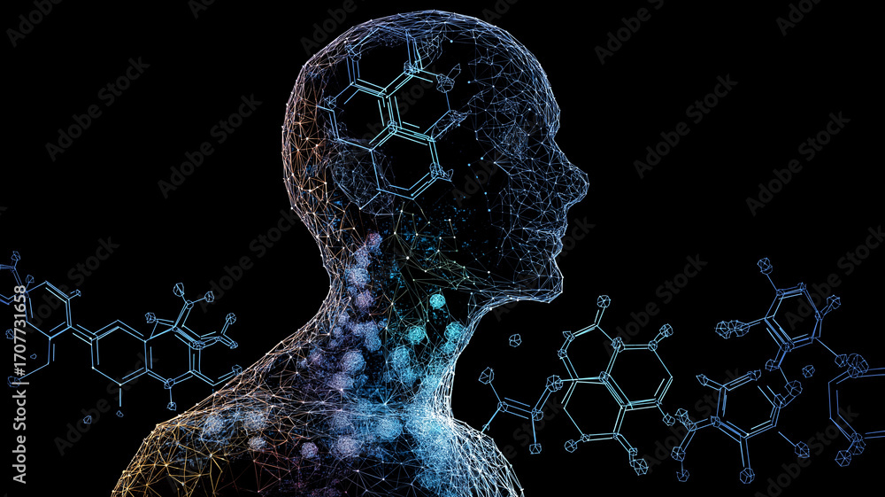 Poster digital representation of human head and shoulders composed of interconnected lines and molecular st