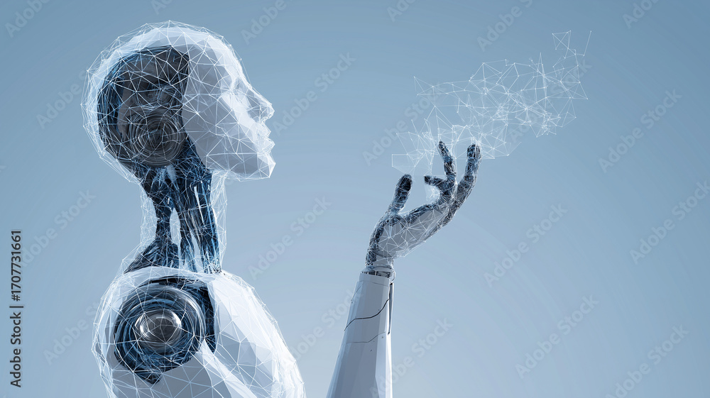 Poster futuristic humanoid robot with digital network design is reaching out with its hand, symbolizing int