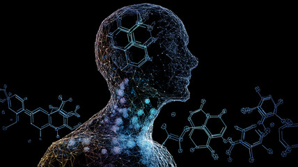 Digital representation of human head and shoulders composed of interconnected lines and molecular structures, symbolizing intersection of technology and biology