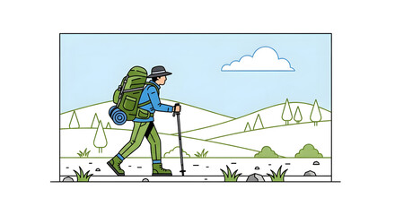 An illustration of a person hiking with a large backpack and trekking pole through a scenic mountain landscape under a clear sky.