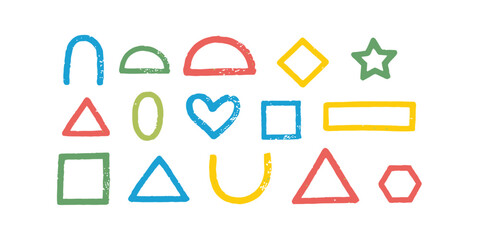 Colorful Assortment of Playful Hand-Drawn Geometric and Abstract Shapes with a Distinctive Crayon Line Texture for Creative Projects and Educational Content