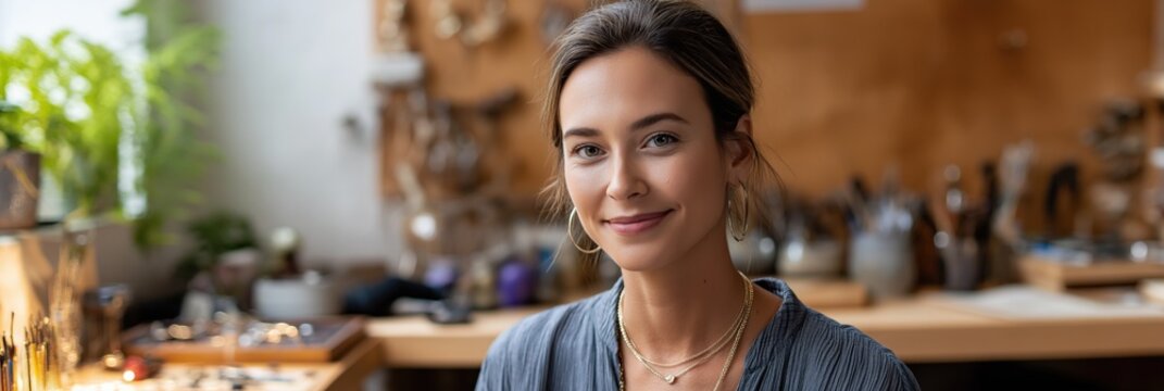 Female caucasian adult jeweler smiling in workshop with tools and wooden background - Powered by Adobe