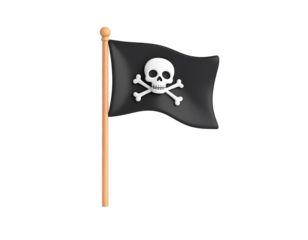 3D Rendered Jolly Roger Pirate Flag Icon. Black flag with white skull and crossbones on a wooden pole, isolated on black background.
