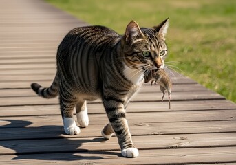 A domestic tabby cat showcasing its natural hunting instinct with a captured mouse as prey