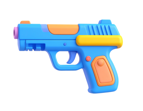 Vibrant 3D Toy Gun in Blue, Orange, Yellow, and Pink, Isolated on Black Background, Representing Childhood Play and Fun