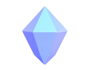 3D render of an abstract geometric octahedron shape with pastel blue and purple gradient on a black background. Modern minimalist polygon design element.