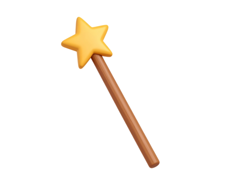 Whimsical 3D Magic Wand Icon with Yellow Star and Wooden Handle