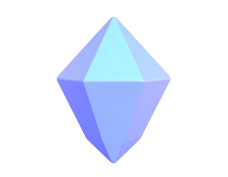 3D render of an abstract geometric octahedron shape with pastel blue and purple gradient on a black background. Modern minimalist polygon design element.