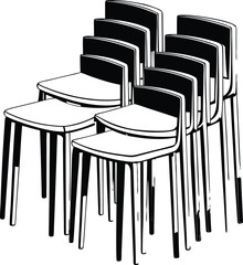 Stack of Modern Chairs: Black and White Line Art Illustration