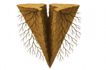 Earthen fragment suspended midair, crumbling and exposing complex underground root networks against transparent backdrop