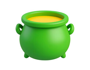 Green 3D rendered pot or cauldron filled with yellow liquid, isolated on a black background. Minimalist cartoon style for icons and symbols.