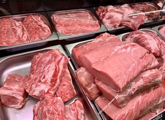 Raw boneless meat in a shop window