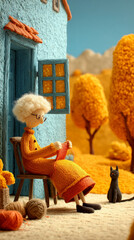 Grandmother knitting in front of house with cat nearby, cozy autumn scene in knitted wool cartoon 3D style