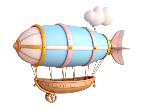 Whimsical Pastel Blue and Pink Airship with Gondola and Clouds 3D Render