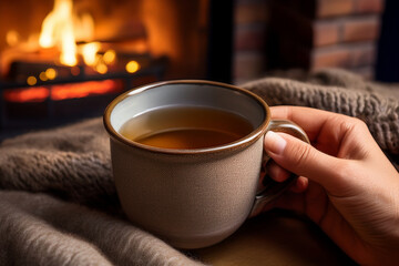 Hand holding a mug of tea on a blanket, symbolizing warmth, peace, and the science of sensory relaxation

