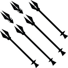 Black Vector Spear Icons Set, Geometric Weapon Design, Isolated