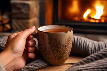 Cozy tea moment with a hand holding a ceramic mug, perfect for teaching about emotional well-being and sensory grounding
