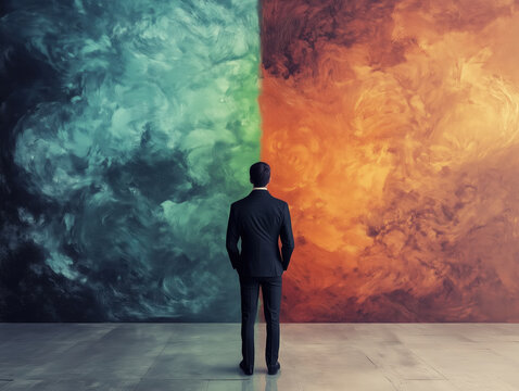Businessman with a black suit standing in front of a choice problem concept as a blue and a red contrast wall of contradiction or conflict concept