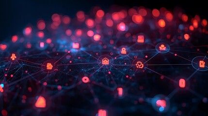 Abstract digital network visualization with glowing red nodes and connections, representing data flow and interconnected systems.