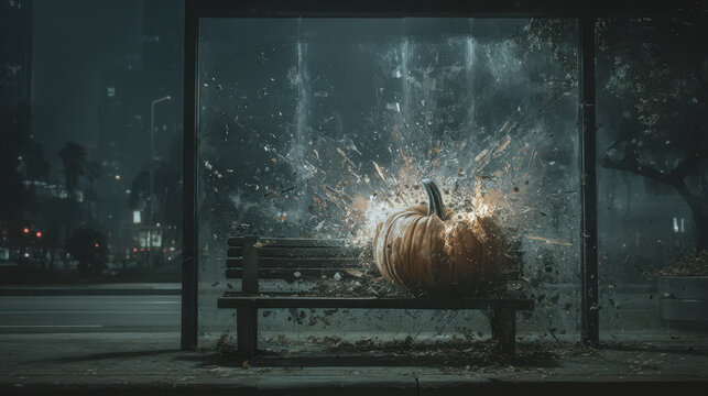 Digital pumpkin explodes on bench at night creating dramatic Halloween scene encouraging digital detox from urban life and technology