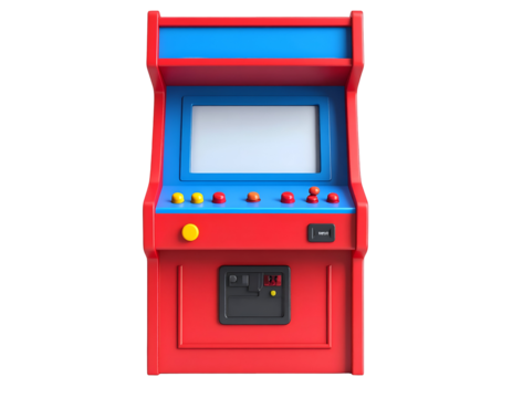 Vibrant Red and Blue Retro Arcade Game Machine Isolated on Black Background, featuring a blank screen and classic controls.